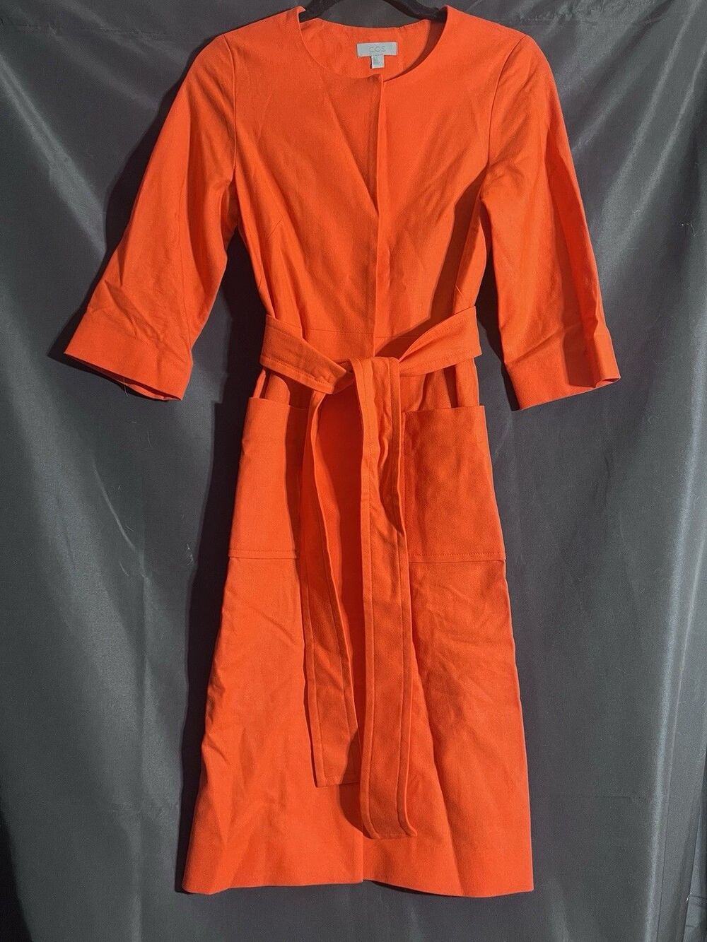 COS Women Coral Orange Wool Blend 3/4 Sleeve Belted Shift Dress Work Office Sz 2